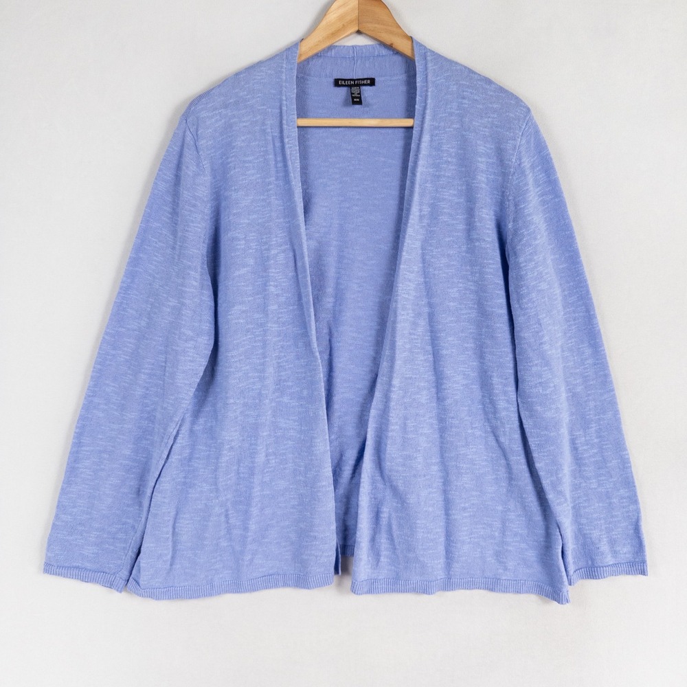 Eileen Fisher Sweater Sz Medium Periwinkle Blue Open Front Lightweight Slub Knit